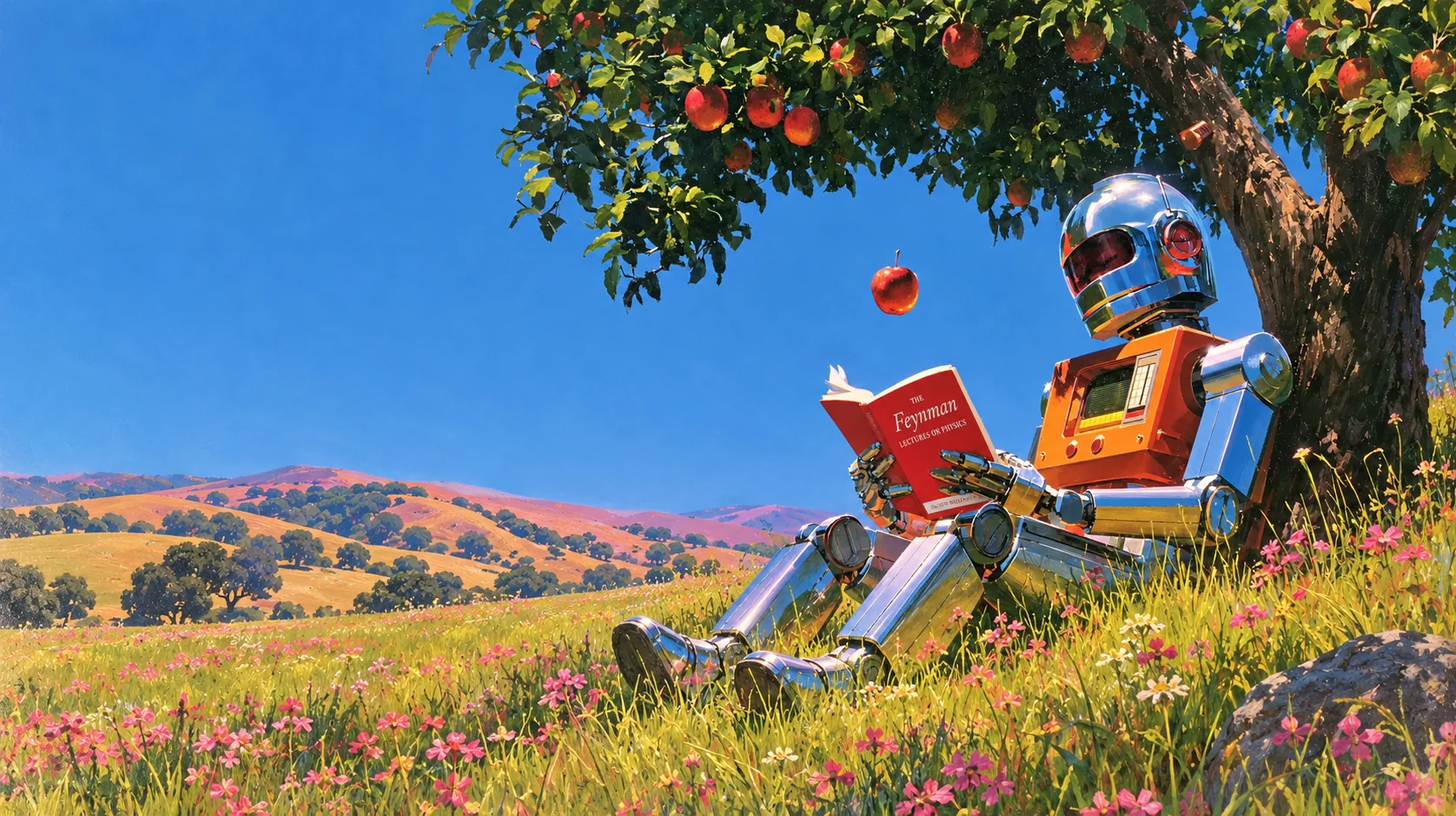 A chrome robot reads The Feynman Lectures on Physics beneath an apple tree while an apple falls.